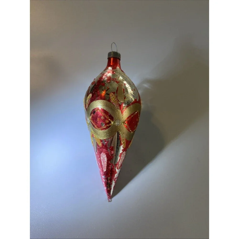 Vintage Christmas Red Gold Glass Teardrop Ornament Hand Painted Glitter Holiday